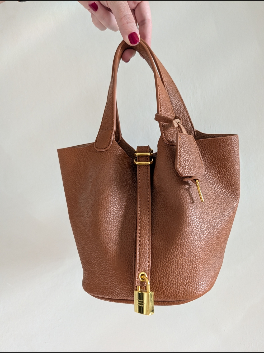 Brown Leather Bucket Bag with Gold Hardware